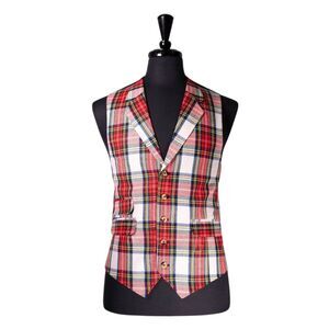 Mens 42R Wool Vest Red White Tartan Plaid Waistcoat Formal Wedding Christmas